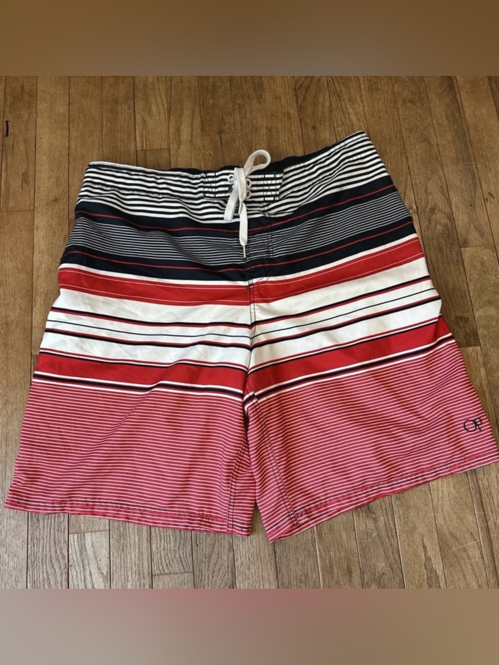 OP Patriotic Red White Blue Striped Lined Swim Trunks Board Shorts XL 40/42